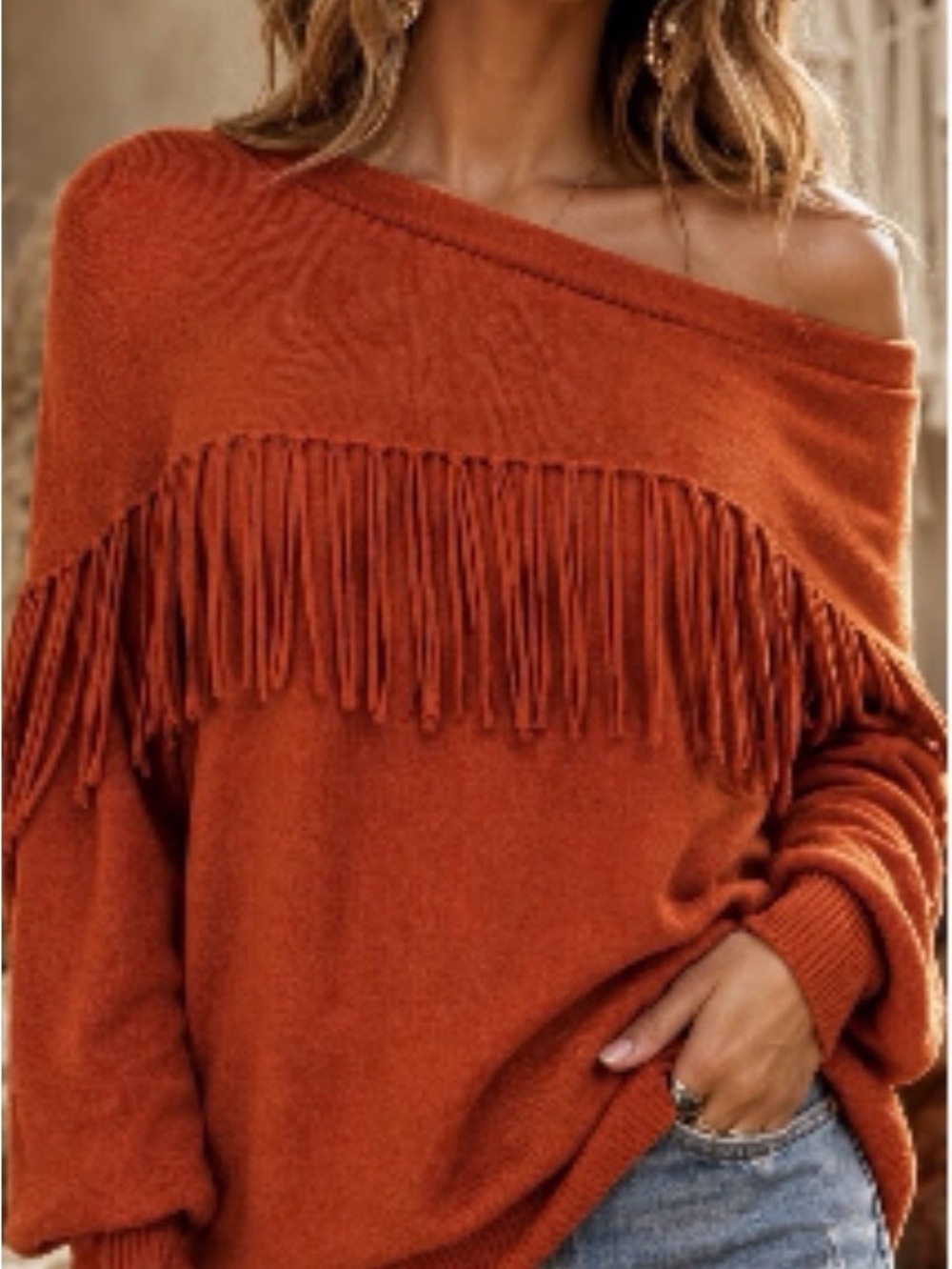 Michael Kors Angora Knit Fringe Sweater Women’s XS Orange Off Shoulder Boho Top